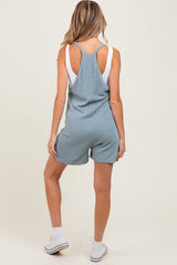 Light Blue Solid Ribbed V-Neck Sleeveless Front Pocket Maternity Romper