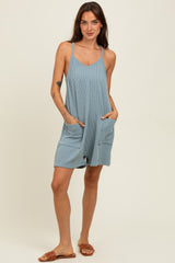 Light Blue Solid Ribbed V-Neck Sleeveless Front Pocket Romper