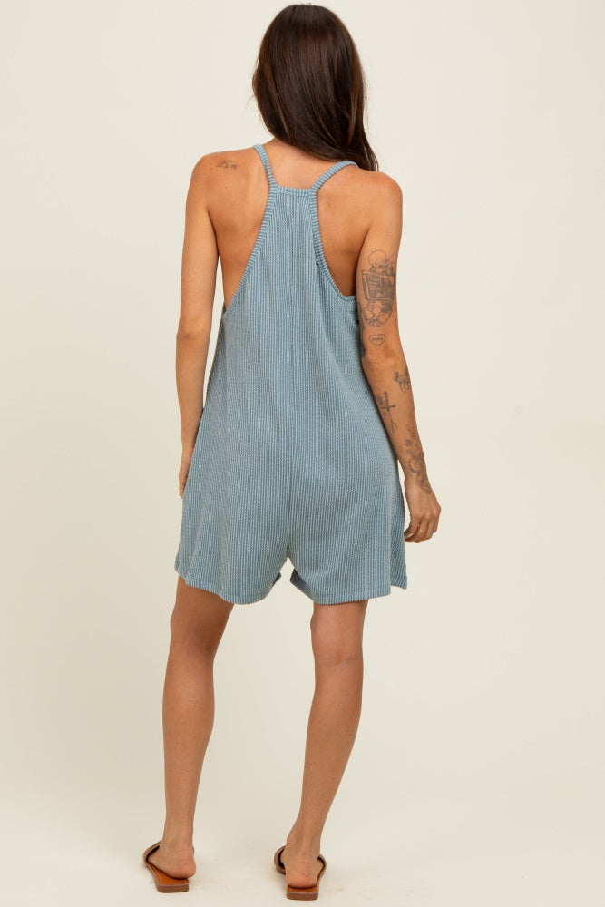 Light Blue Solid Ribbed V-Neck Sleeveless Front Pocket Romper