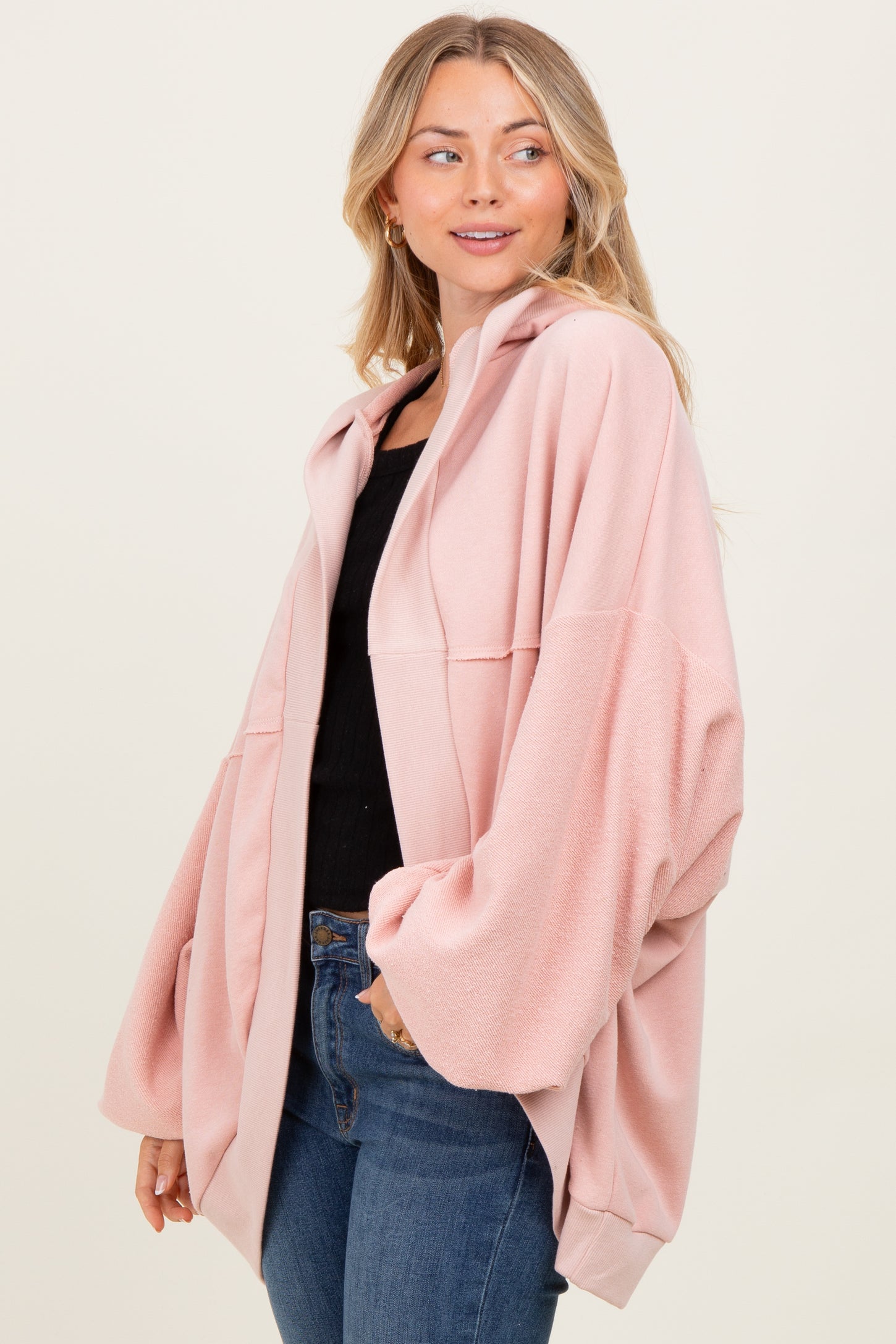 Pink Solid Terry Long Dolam Sleeve Vintage Hoodie