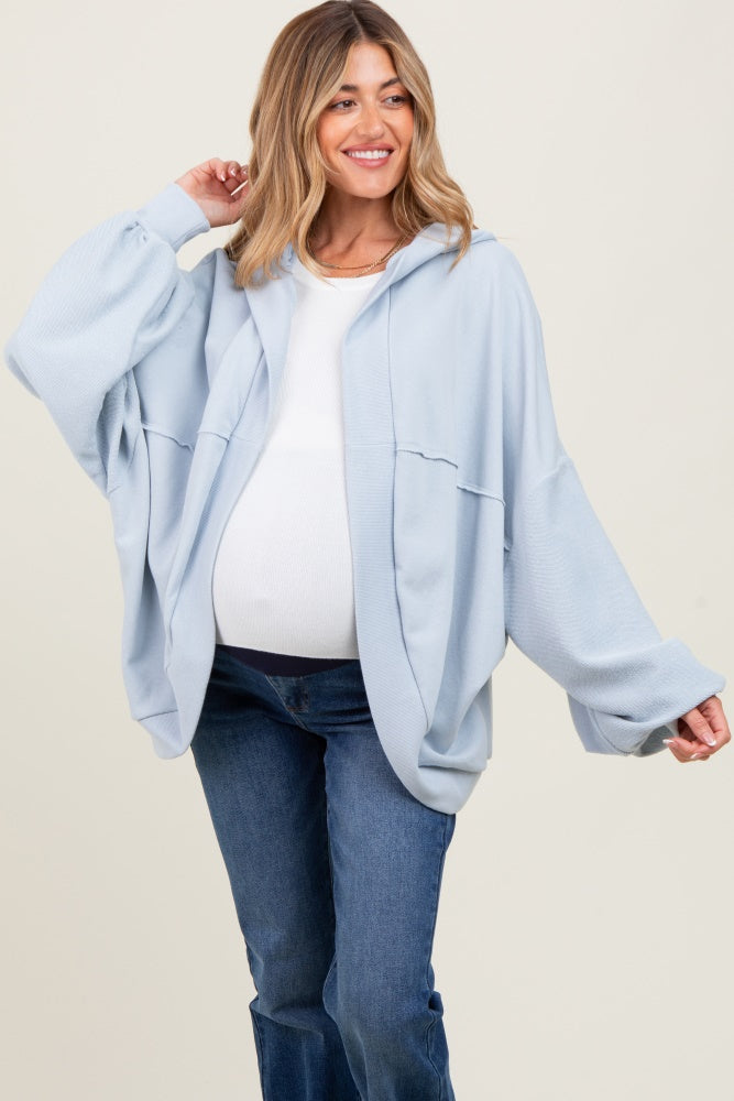 Light Blue Solid Terry Long Dolam Sleeve Vintage Maternity Hoodie