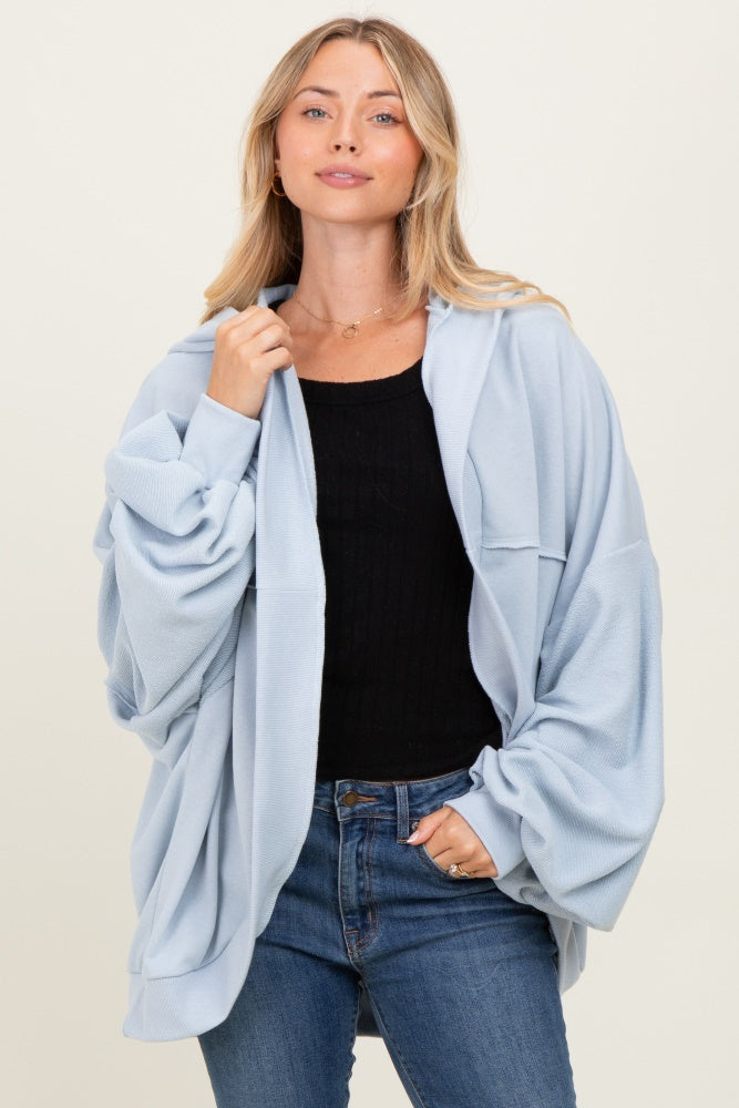 Light Blue Solid Terry Long Dolam Sleeve Vintage Maternity Hoodie