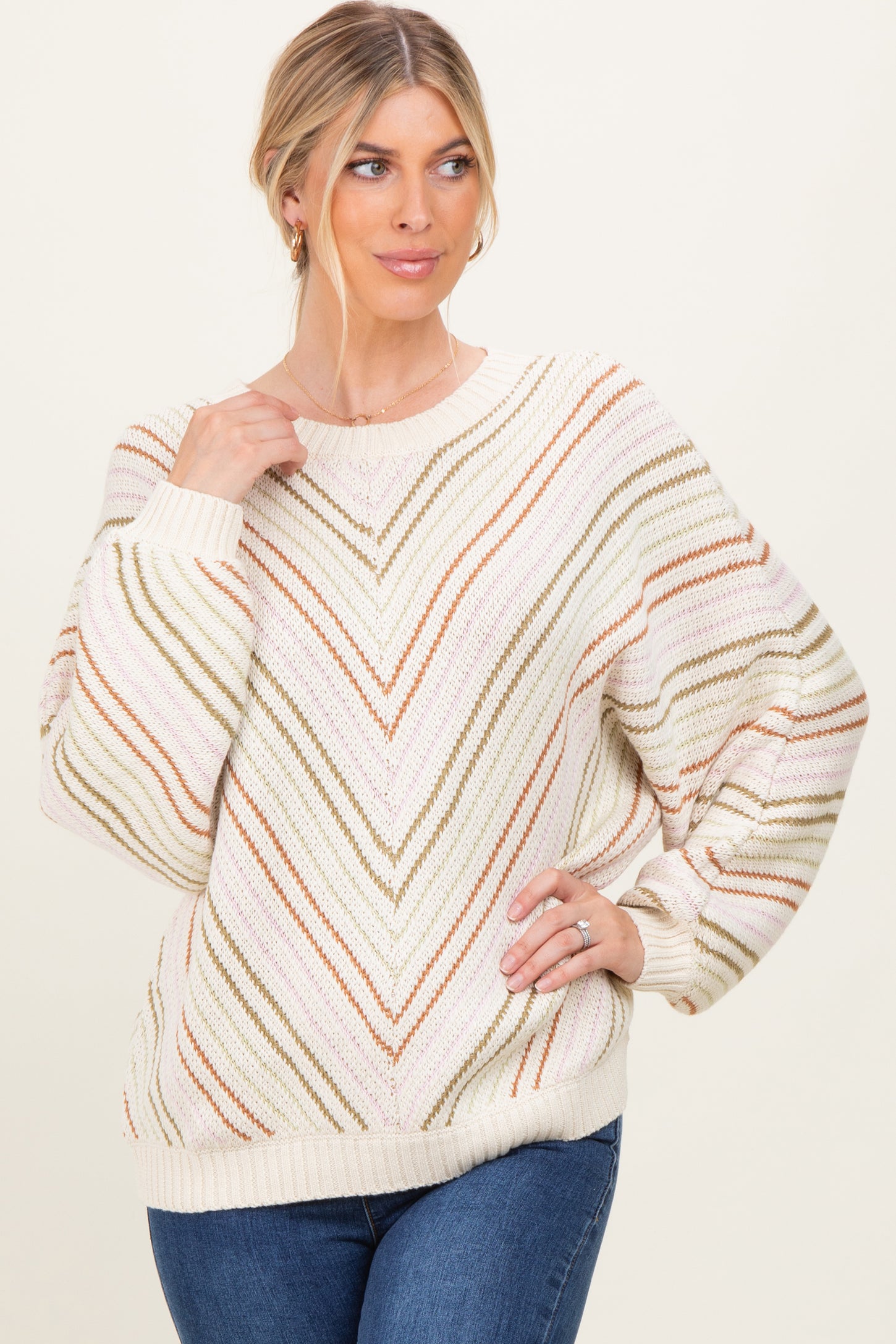 Beige Multi Crew Neck Striped Long Sleeve Sweater