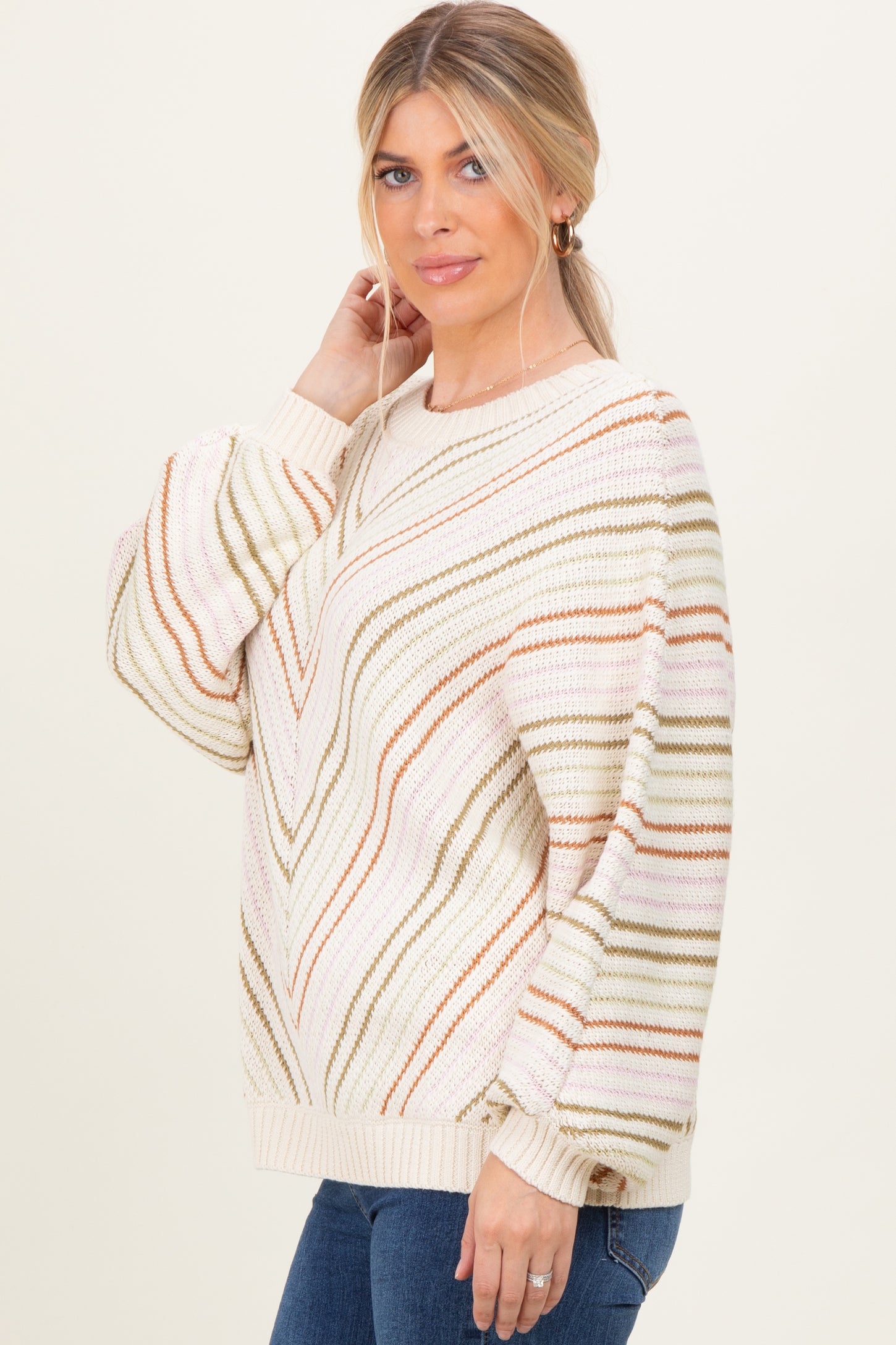 Beige Multi Crew Neck Striped Long Sleeve Sweater