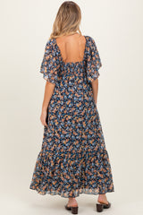 Navy Floral Sweetheart Neck Flutter Sleeve Maternity Maxi Dress