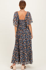 Navy Floral Sweetheart Neck Flutter Sleeve Maxi Dress