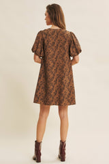 Brown Textured Floral Bubble Sleeve A-Line Mini Dress