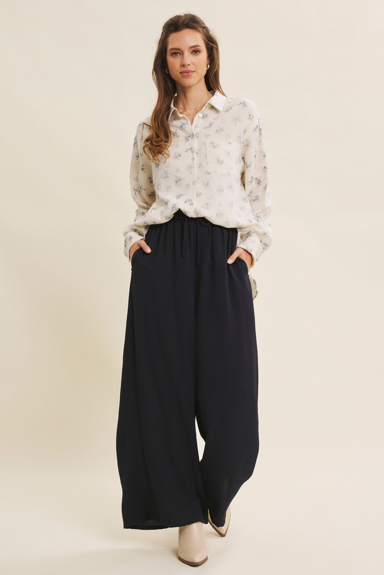 Blue Floral Cotton Gauze Oversized Button-Down Shirt
