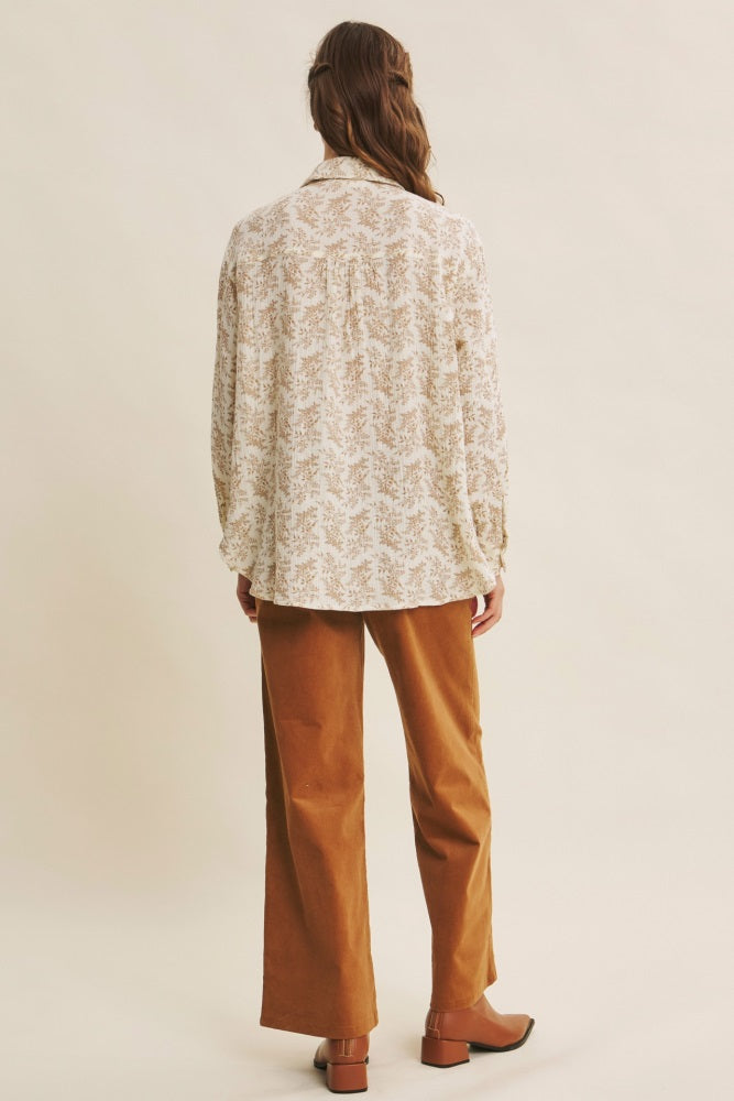 Mocha Floral Cotton Gauze Oversized Button-Down Shirt