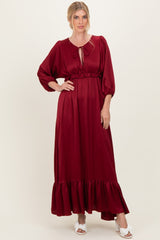 Burgundy Solid Satin Long Sleeve Open V-Neck Ruffle Waist Tiered Maternity Maxi Dress