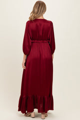 Burgundy Solid Satin Long Sleeve Open V-Neck Ruffle Waist Tiered Maternity Maxi Dress