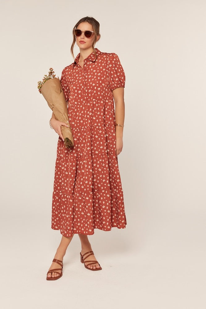 Rust Printed Button Up Tiered Midi Dress