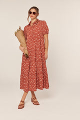 Rust Printed Button Up Tiered Midi Dress