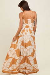 Camel Leaf Print Sleeveless Maxi Dress
