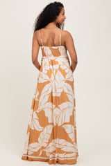 Camel Leaf Print Sleeveless Maternity Maxi Dress