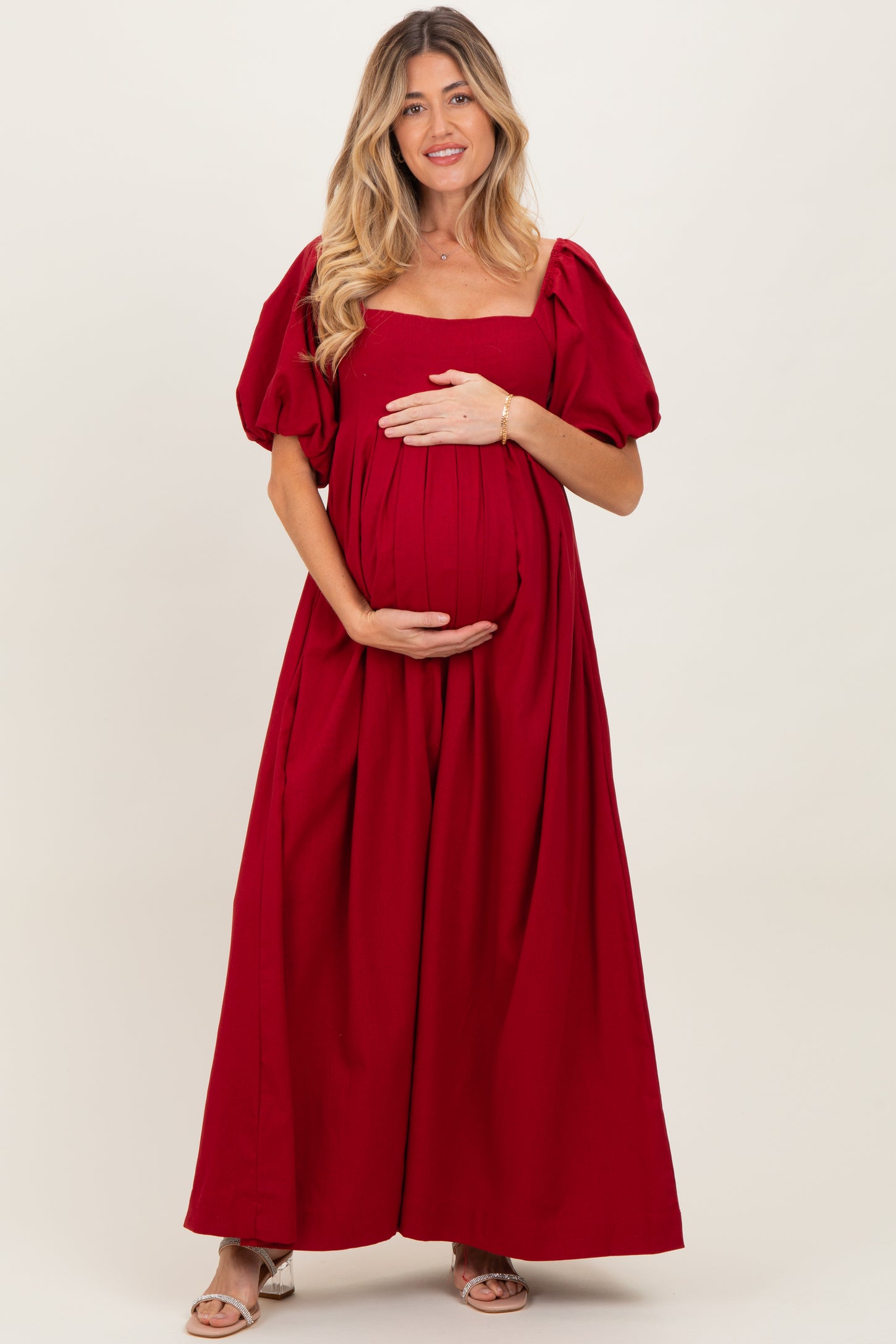 Burgundy Square Neck Puff Sleeve Maternity Maxi Dress