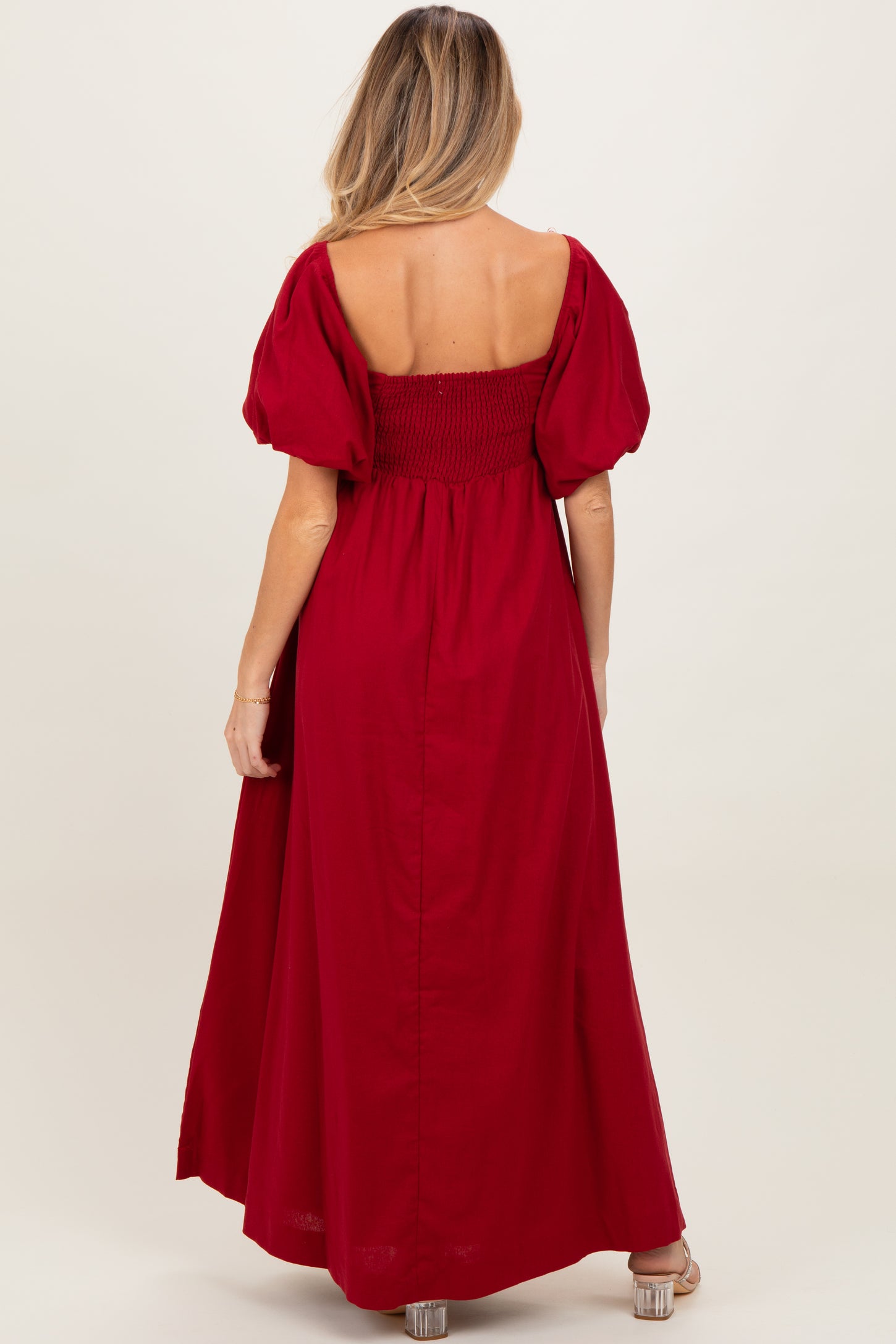Burgundy Square Neck Puff Sleeve Maternity Maxi Dress