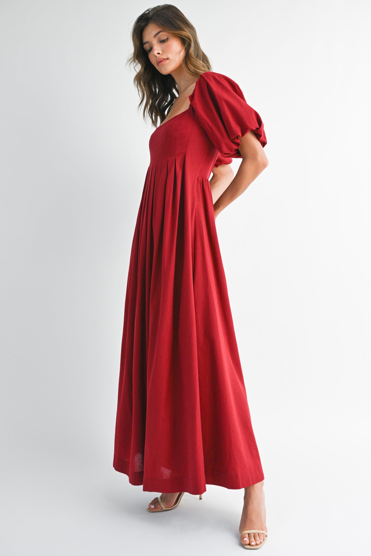Burgundy Square Neck Puff Sleeve Maxi Dress