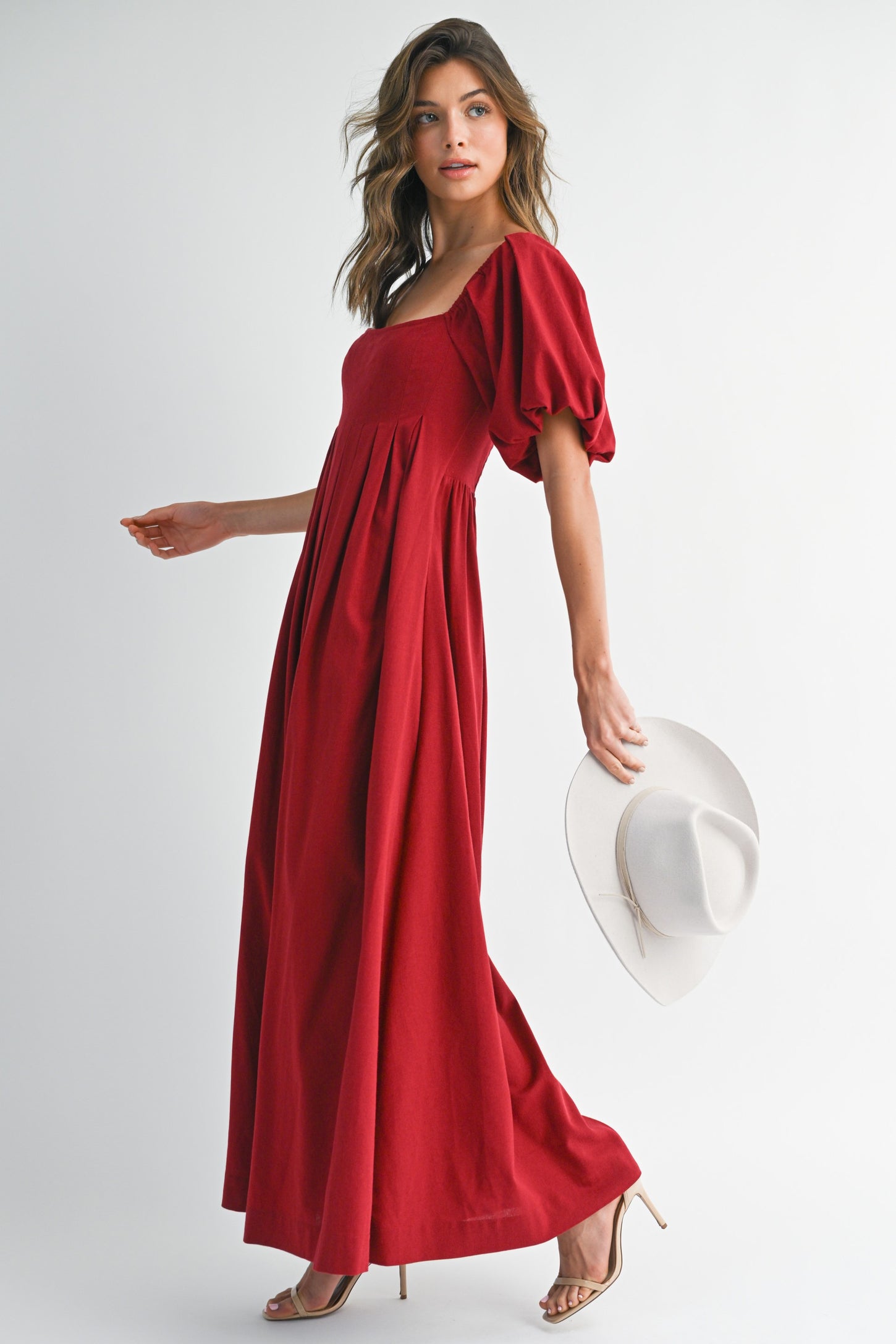 Burgundy Square Neck Puff Sleeve Maxi Dress