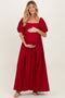 Burgundy Square Neck Puff Sleeve Maternity Maxi Dress