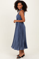 Navy Blue Pleated Halter Dress