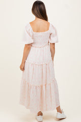 Pink Floral Smocked Ruffle Tiered Maternity Maxi Dress