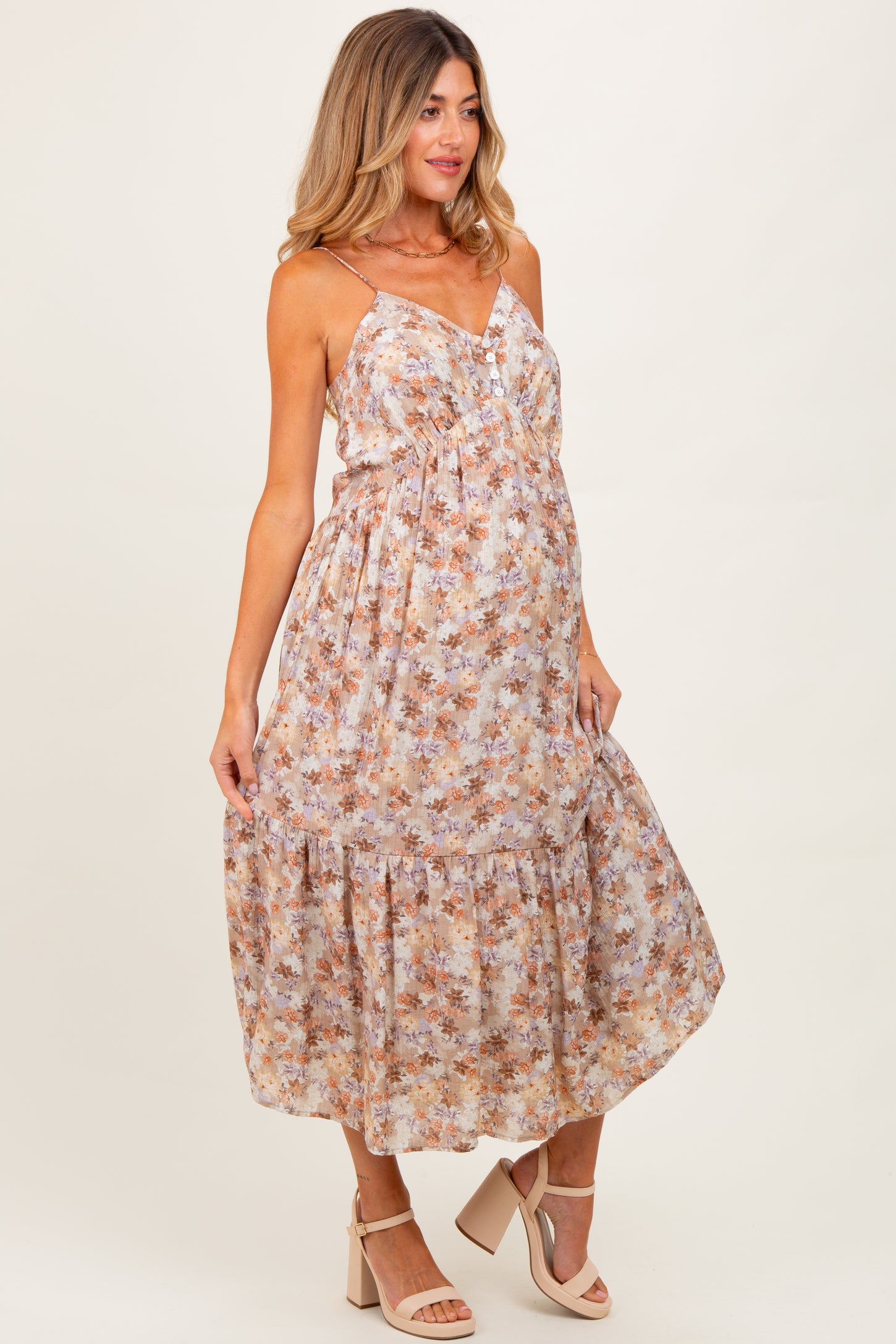 Taupe Floral Front Button Sleeveless Maternity Midi Dress