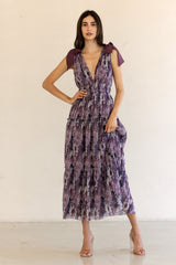 Purple Floral Mesh Deep V-Neck Shoulder Tie Maxi Dress