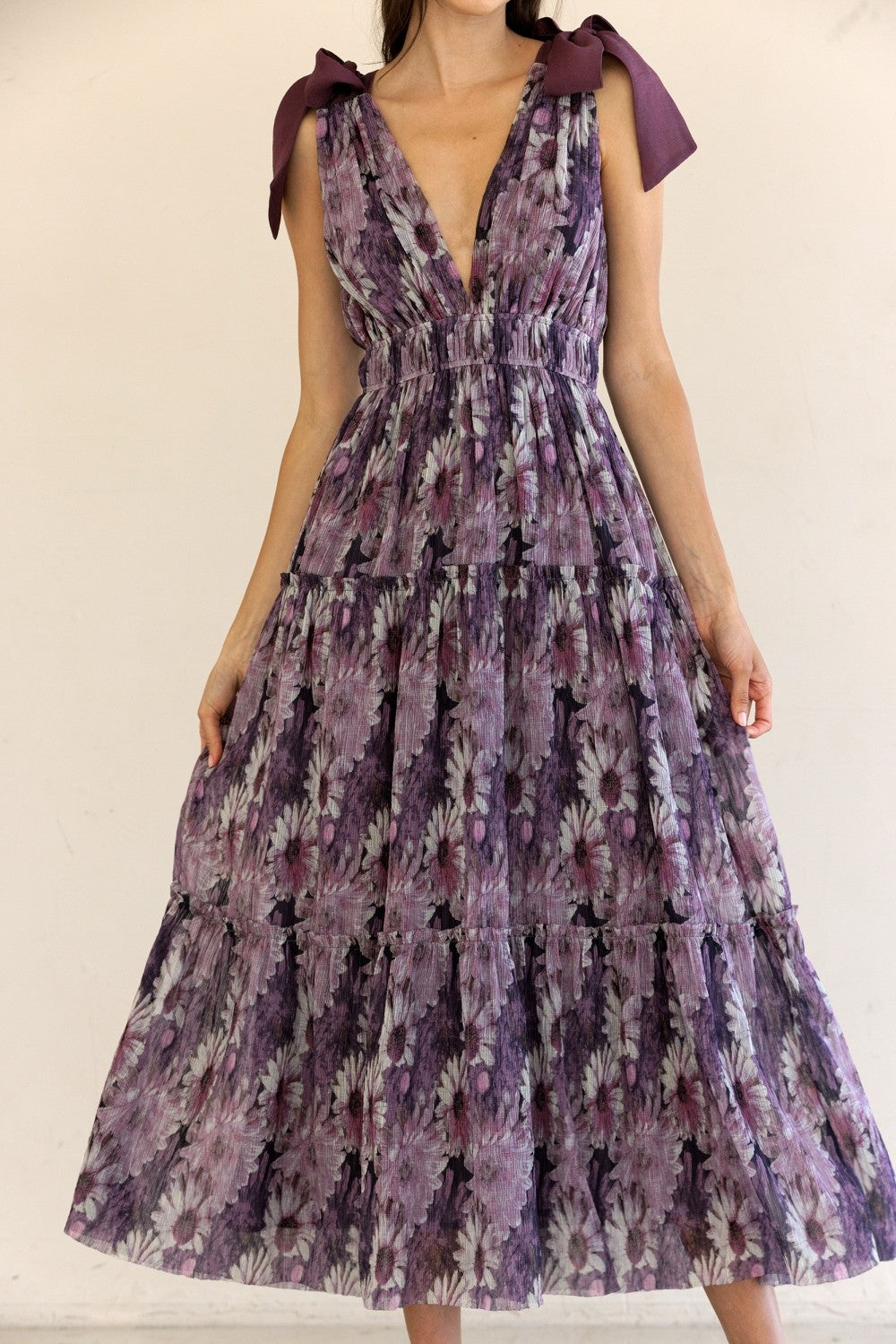Purple Floral Mesh Deep V-Neck Shoulder Tie Maxi Dress