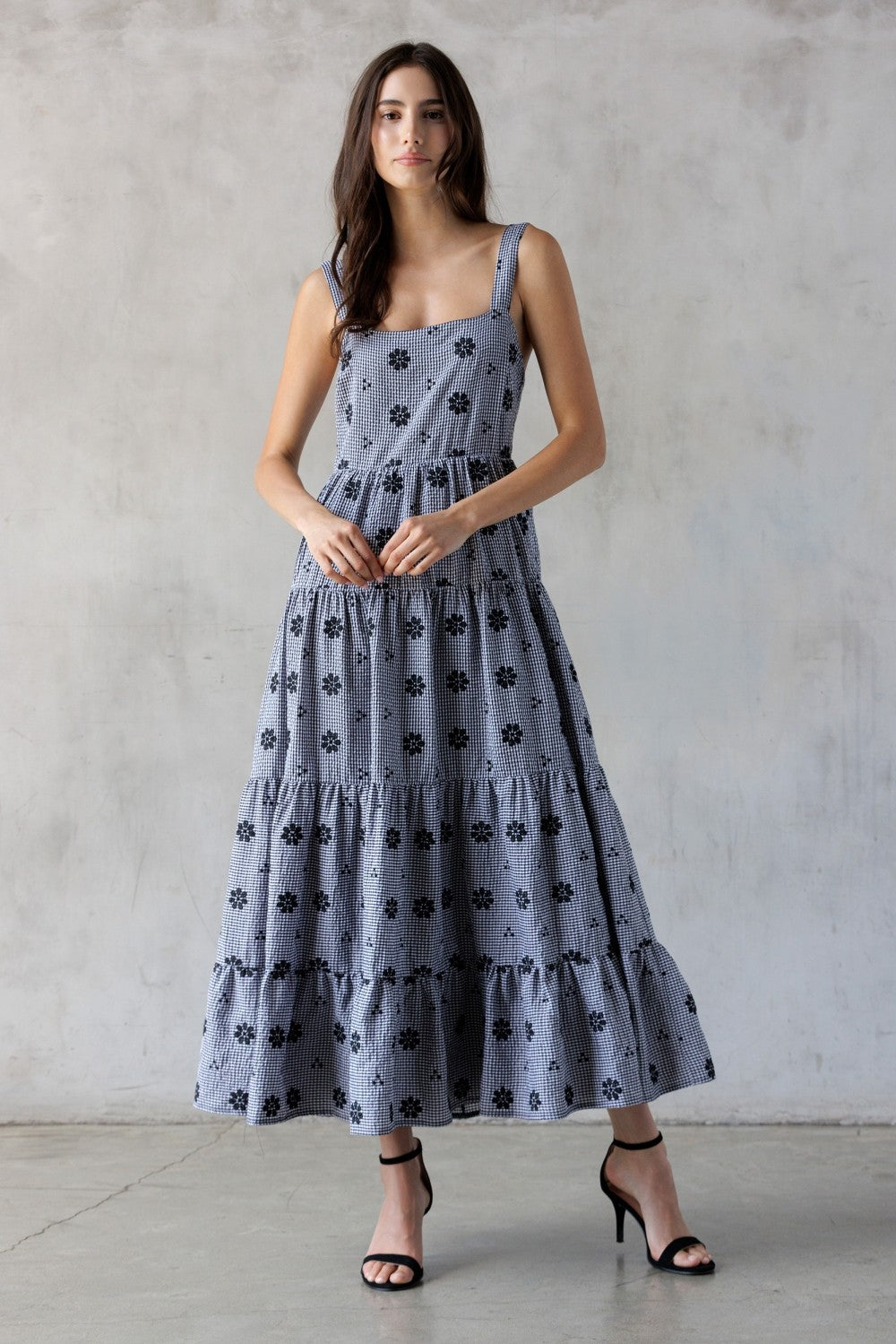 Black Gingham Floral Embroidered Maternity Maxi Dress
