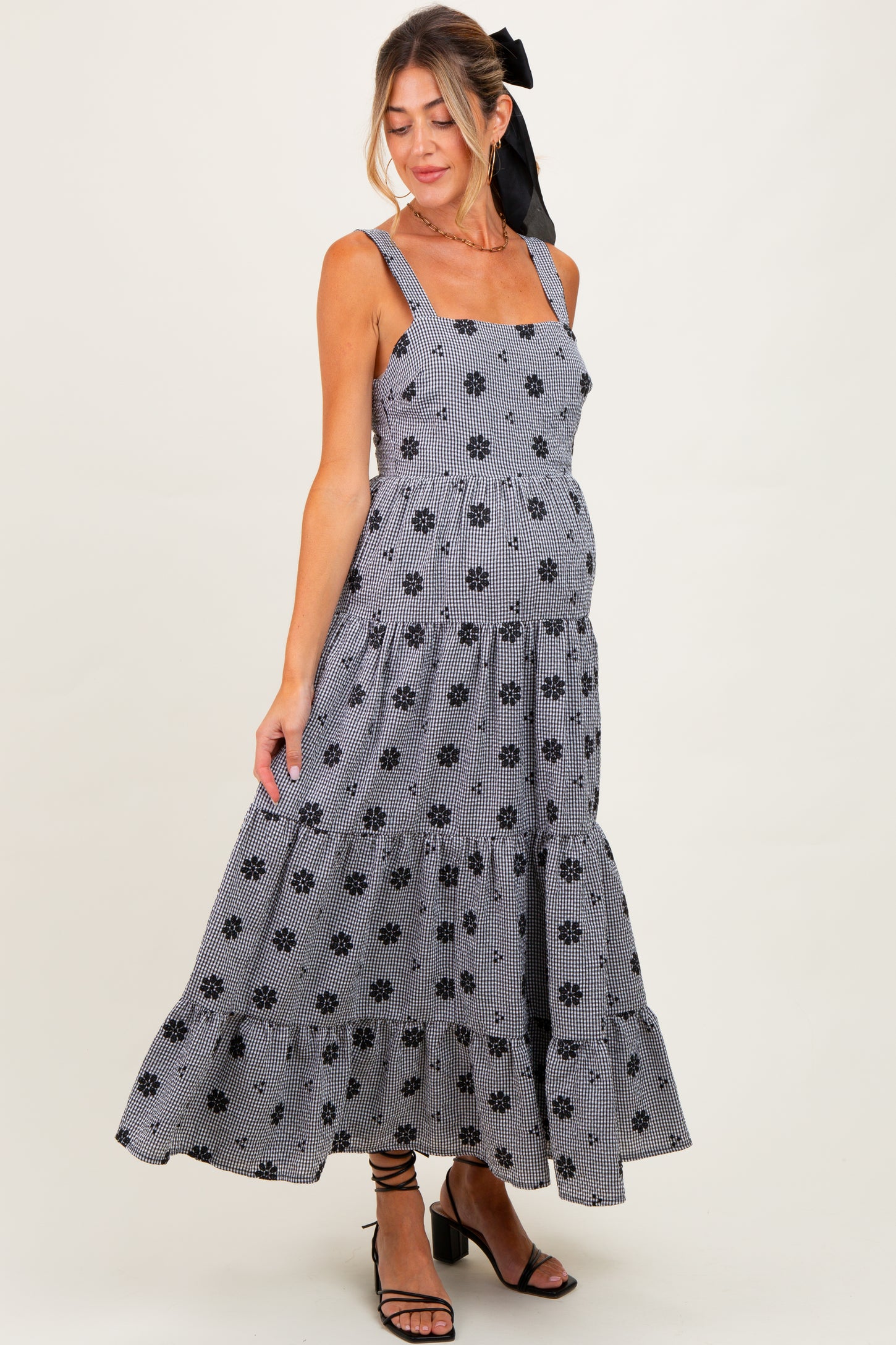 Black Gingham Floral Embroidered Maternity Maxi Dress
