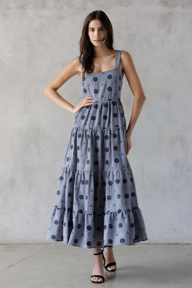 Black Gingham Floral Embroidered Maxi Dress