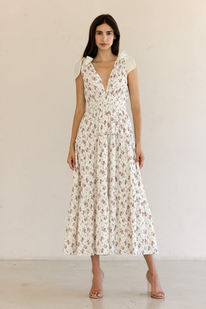 Ivory Floral Deep V-Neck Shoulder Tie Midi Dress
