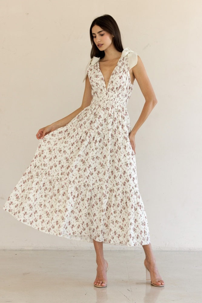 Ivory Floral Deep V-Neck Shoulder Tie Midi Dress