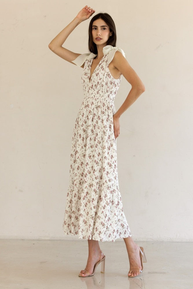 Ivory Floral Deep V-Neck Shoulder Tie Midi Dress