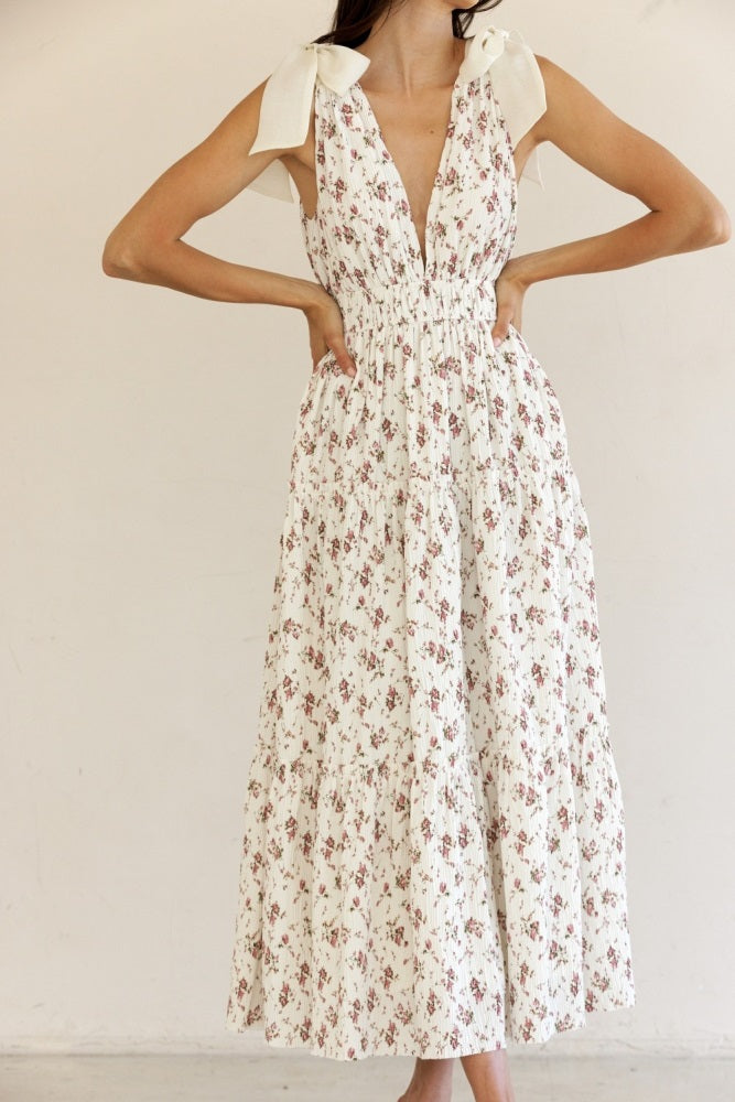 Ivory Floral Deep V-Neck Shoulder Tie Midi Dress