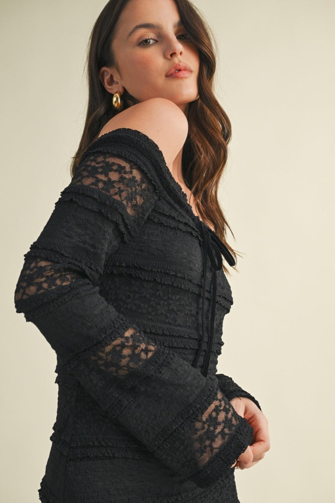 Black Lace Ruffle Tiered Off Shoulder Midi Dress