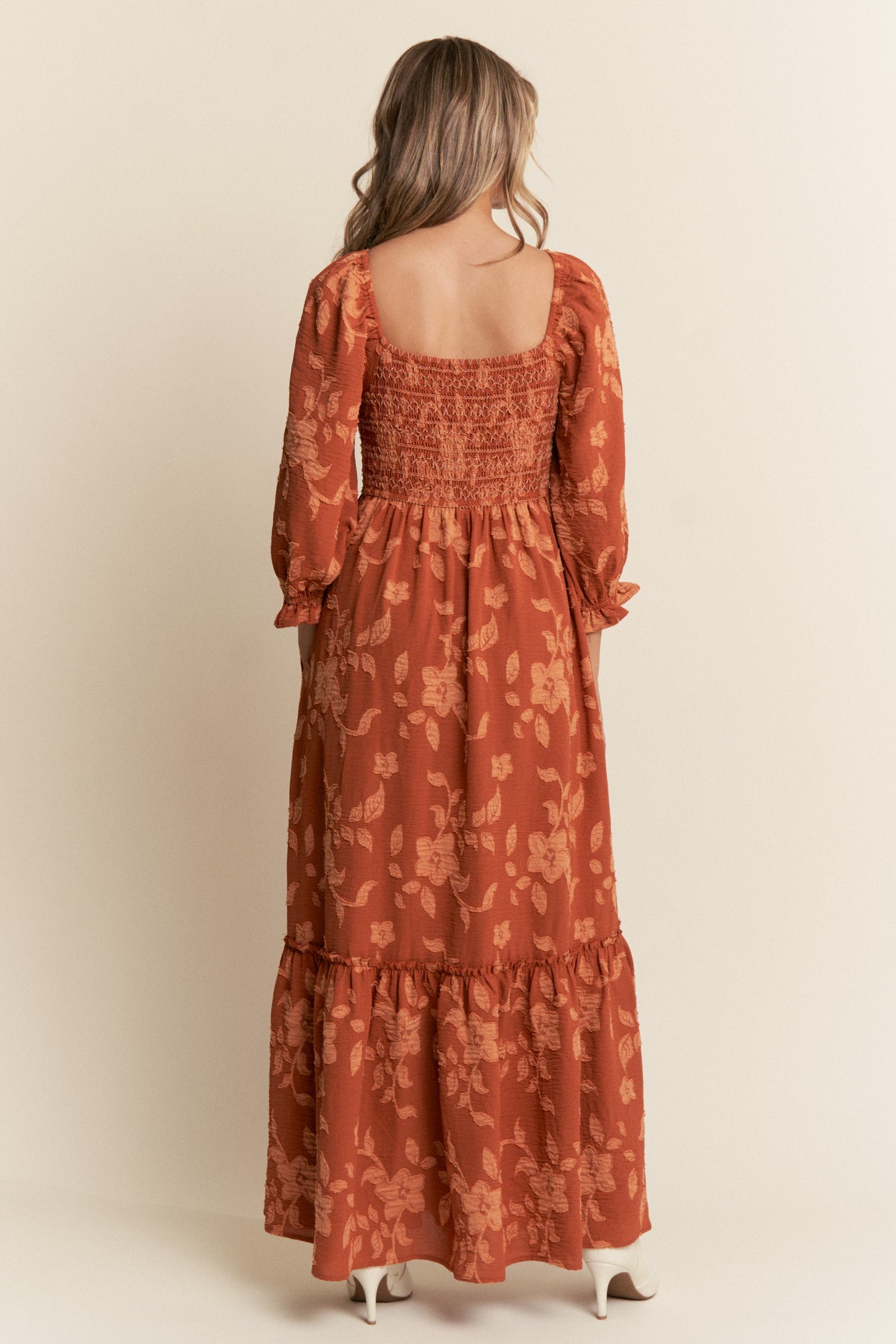 Rust Floral Print Smocked Bodice Maxi Dress