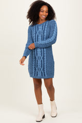 Blue Two Tone Cable Knit Mini Sweater Dress
