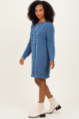 Blue Two Tone Cable Knit Mini Sweater Dress