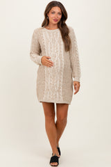 Beige Two Tone Cable Knit Maternity Mini Sweater Dress
