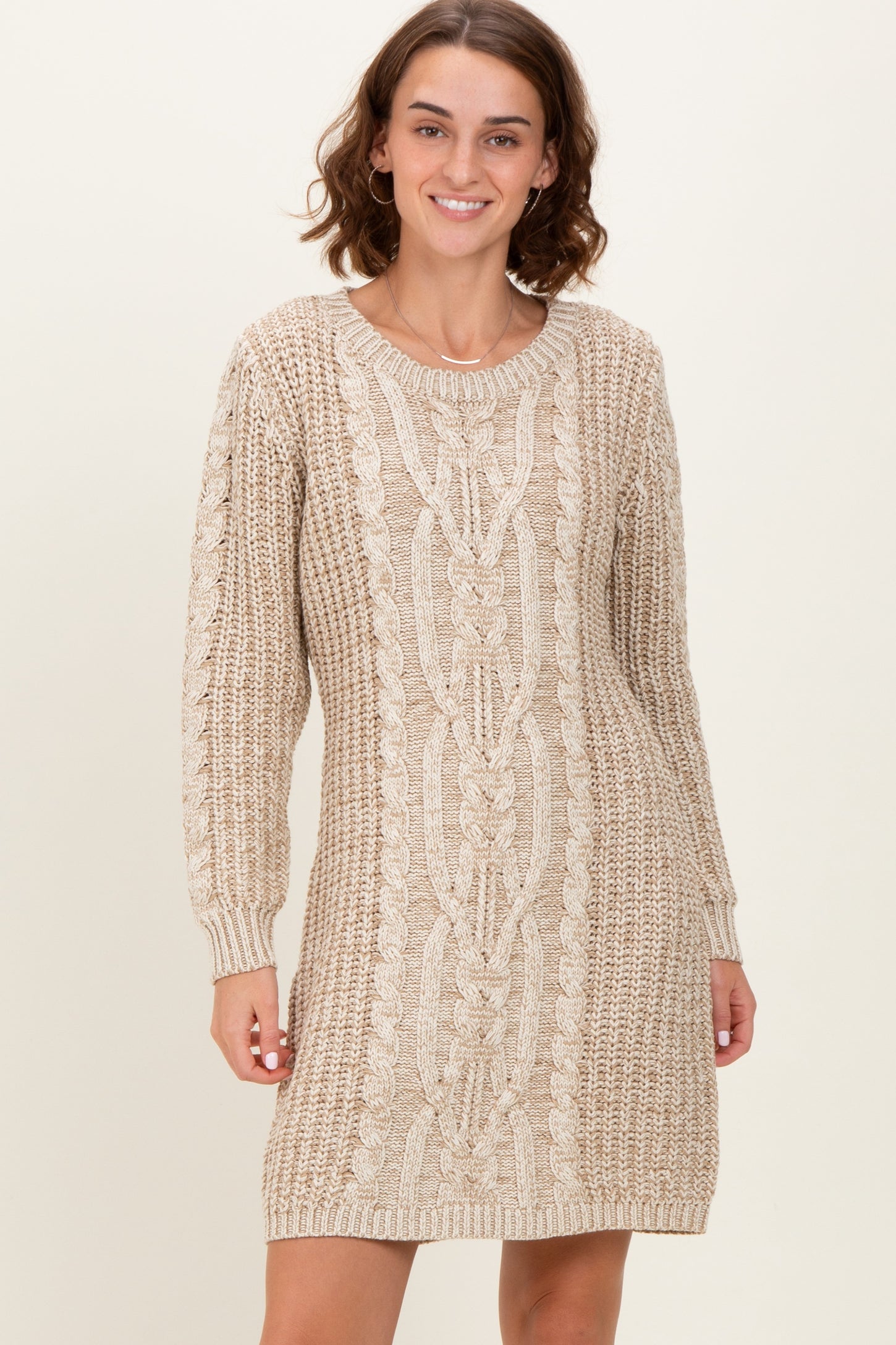 Beige Two Tone Cable Knit Maternity Mini Sweater Dress