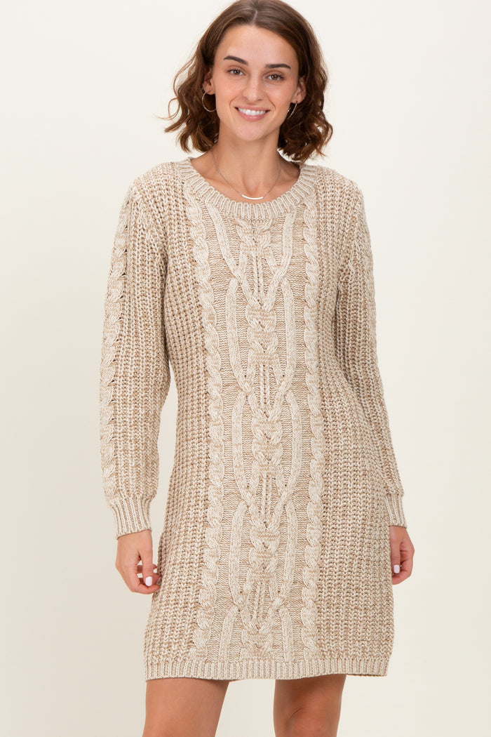 Beige Two Tone Cable Knit Maternity Mini Sweater Dress