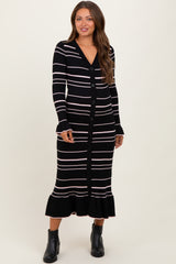 Black Striped Knit Ruffle Hem Button Down Maternity Midi Dress