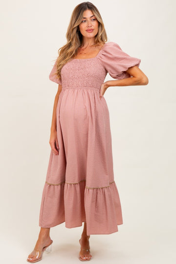 Mauve Plaid Smocked Puff Sleeve Maternity Maxi Dress