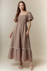 Mocha Plaid Smocked Puff Sleeve Maternity Maxi Dress
