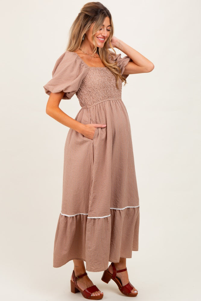 Mocha Plaid Smocked Puff Sleeve Maternity Maxi Dress