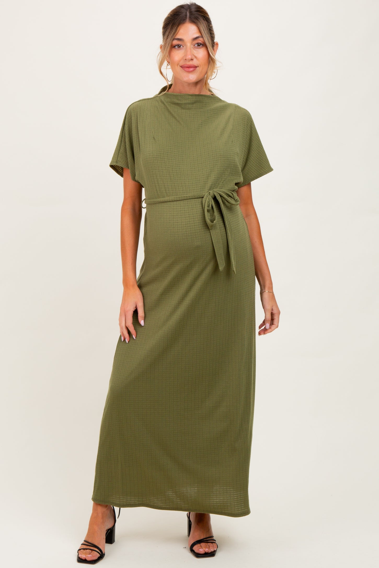 Olive Plaid Draped Neckline Sash Tie Maternity Maxi Dress