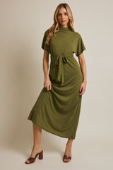Olive Plaid Draped Neckline Sash Tie Maxi Dress