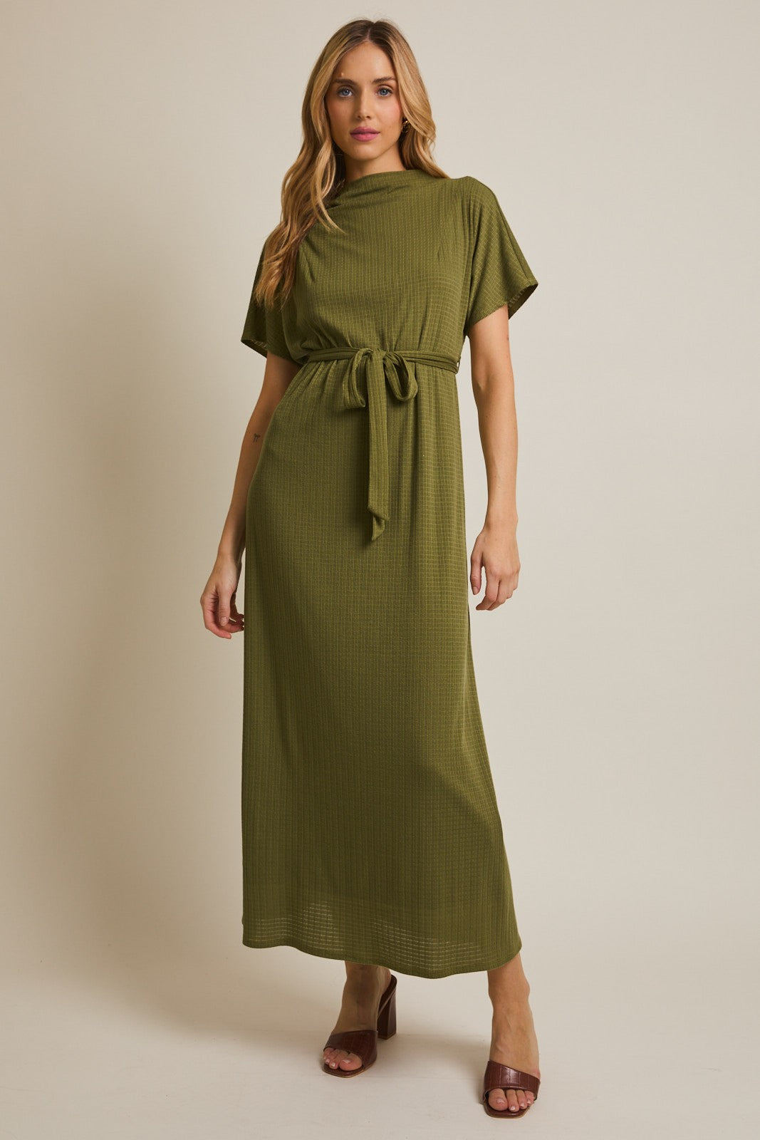 Olive Plaid Draped Neckline Sash Tie Maxi Dress